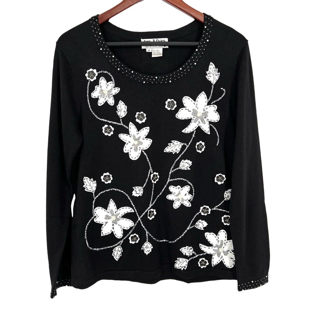 Jack B Quick Womens Size Medium Black Beaded Floral Artsy Blouse Shirt Top